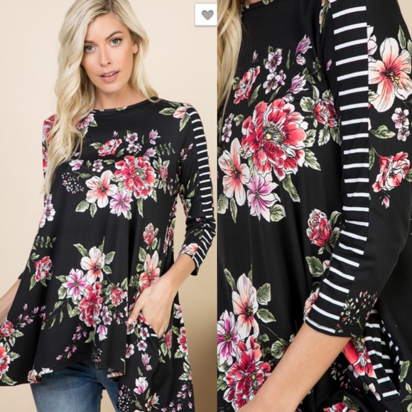 Black Floral 3/4 Sleeve Plus Soft Pocket Tunic! - Picture 13 of 16